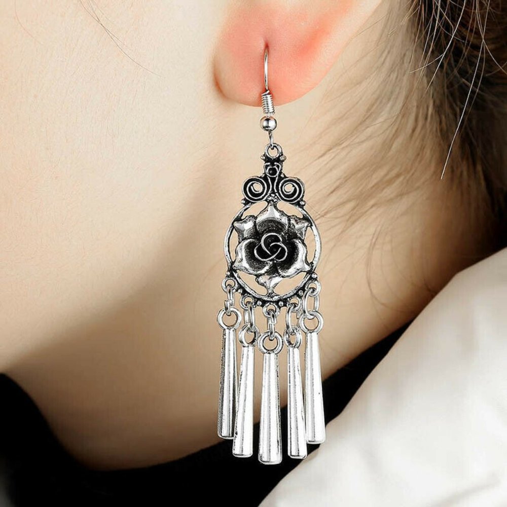 Earrings ~ Silver ~ Gypsy ~ Rose ~ Dangle ~ Tassel